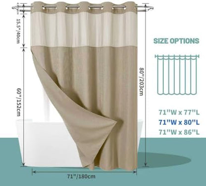 eachope No Hook Waffle Shower Curtain with Snap-in Liner, 71x80 Inch, Khaki