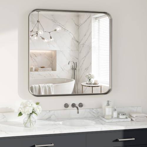Bathroom Mirror for Wall, 30 Inch Square Mirror, Matte Silver Metal Framed Square Vanity Mirror for Bathroom Bedroom Living Room Entryway, Anti-Rust, Tempered Glass, Hanging or Leaning