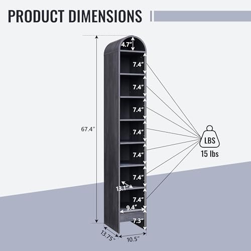 IFBUY 67" Tall Arched Bathroom Storage Cabinet, 8-Tier Modern Farmhouse Storage Cabinet with Adjustable Shelves, Wood Freestanding Cabinet for Bathroom, Living Room, Entryway, Hallway (Dark Grey)