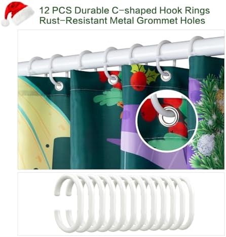 Shower Curtain Christmas, Green Kids Shower Curtain Santa's Hat Dinosaur Party Gift Box Cake Candy Jingling Bell String Light Xmas Theme Machine Wash Home Farmhouse Waterproof Decor Bathroom Curtain