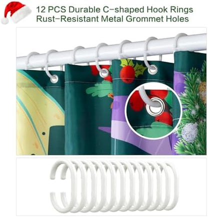 Shower Curtain Christmas, Green Kids Shower Curtain Santa's Hat Dinosaur Party Gift Box Cake Candy Jingling Bell String Light Xmas Theme Machine Wash Home Farmhouse Waterproof Decor Bathroom Curtain