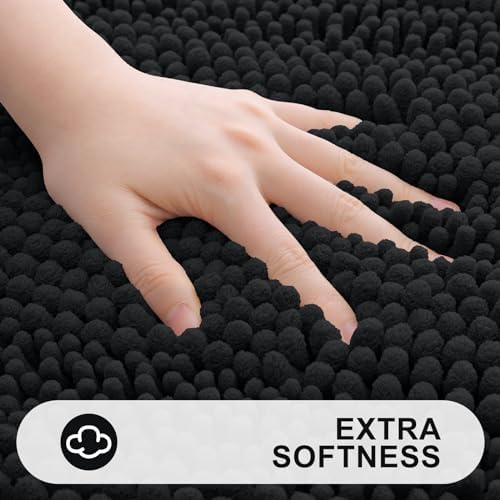Grandaily Chenille Striped Bathroom Rugs 59x35, Extra Thick and Absorbent Bath Mats, Non-Slip Soft Plush Shaggy Shower Carpet, Machine Wash Dry, Bath Rug for Bathroom, Black