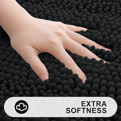Grandaily Chenille Striped Bathroom Rugs 59x35, Extra Thick and Absorbent Bath Mats, Non-Slip Soft Plush Shaggy Shower Carpet, Machine Wash Dry, Bath Rug for Bathroom, Black