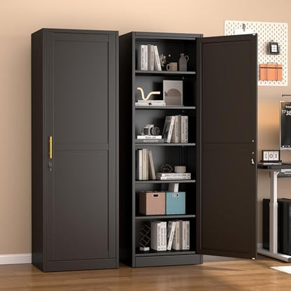 Tall Metal Narrow Bathroom Storage Locker Cabinet 67" H, Black Kitchen Pantry Cabinets,File Cabinet Organizer with 5 Adjustable Shelves and Lockable Doors for Kitchen Home Office Living Dining Room