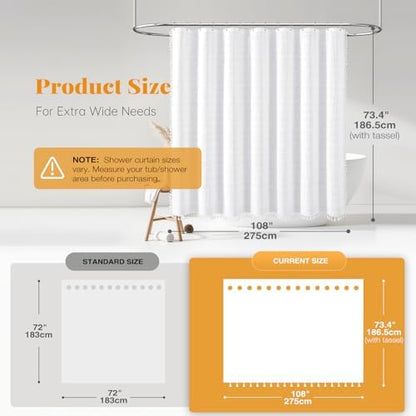 BTTN 108x72 Boho Farmhouse Linen Heavy Duty Cloth Shower Curtain Set, White