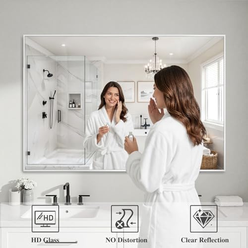 Koonmi White Rectangle Wall Mirror, 36x48 Inch Bathroom Mirror, Aluminum Frame Vanity Mirror for Entryway, Living Room, Bedroom Bathroom, Hangs Horizontally or Vertically