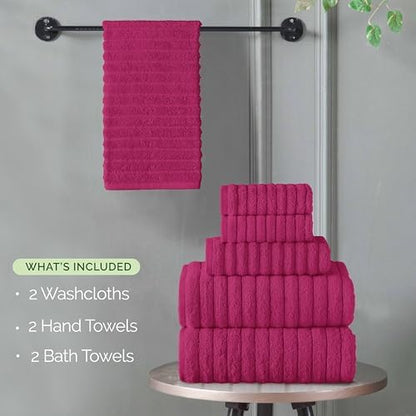 Elegant Comfort 100% Turkish Cotton Corduroy Ribbed Luxury Bath Towels 6-Piece Set, Premium Feel - Quick Dry, Highly Absorbent, Contains 2 Bath Towels, 2 Hand Towels, and 2 Washcloths, Hot Pink