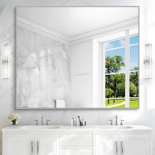 COFENY 40x48inch Silver Bathroom Mirror, Silver Rectangle Mirror with Frame, Large Rectangular Wall Mirrors for Bathroom, Living Room, Hair Salon, Big Farmhouse Mirror Hang Horizontal/Vertical