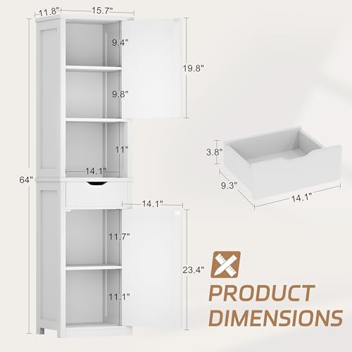 Shintenchi Tall Bathroom Storage Cabinet, Slim Corner Floor Cabinet with Doors and Drawer, Freestanding Narrow Bathroom Organizer with Adjustable Shelves for Small Space, White