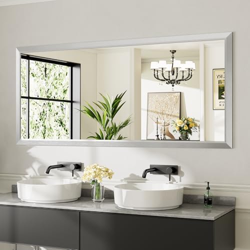 Briivue Bathroom Wall Mirror, Silver Brushed Nickel Metal Frame, 72x32 Inch