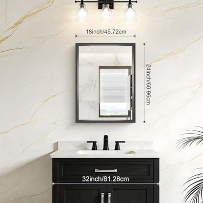 Bathroom Mirror, 18 x 24 inch Brushed Black Metal Frame Rectangular Vanity Mirror, Wall Mounted Rectangle Mirror for Bedroom Living Room, Tempered Glass, Antirust, Horizontally or Vertically