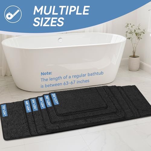 Bcoimo Bath Rug Mat, 44x24 Chenille Non Slip Black Long Bathroom Runner Rug