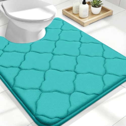 OLANLY Memory Foam Toilet Rugs U-Shaped 24x20, Ultra Soft and Absorbent Bathroom Rugs, Non-Slip, Comfortable, Machine Washable Contour Bath Mat for Toilet Base, Home Decor Accessories, Teal