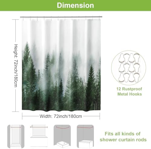 ORTIGIA Green Shower Curtain for Bathroom Misty Forest Pattern, Nature Woodland Artistic Shower Curtain Set with Metal Hooks, Waterproof Weighted Pine Tree Fog Bath Curtain, 72x72