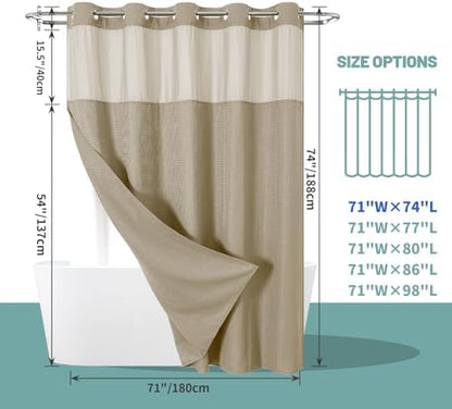 eachope No Hook Waffle Shower Curtain with Snap-in Liner, 71x74 Inch, Khaki