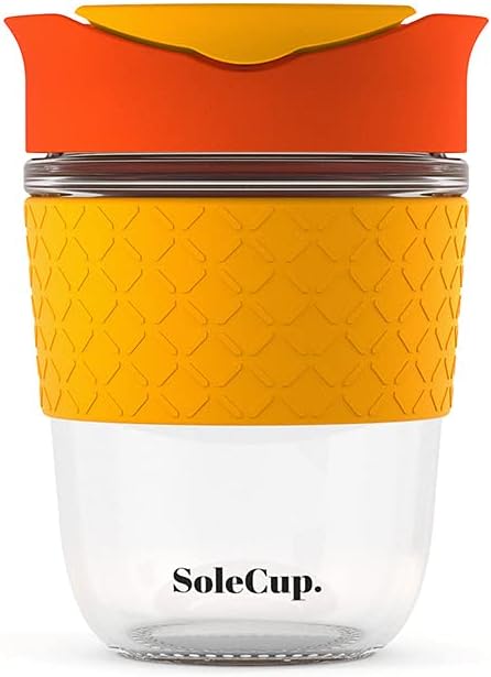 Reusable Strengthened Glass Travel Cup - Spill Proof Coffee Mug - 12oz/340ml BPA-Free Hot Drink Travel Mug with Lid & Silicone Band (Red, 12oz)