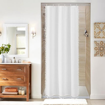 Boho Farmhouse Tassel Linen Shower Curtain,3D Embroidery Stripe White,36x72
