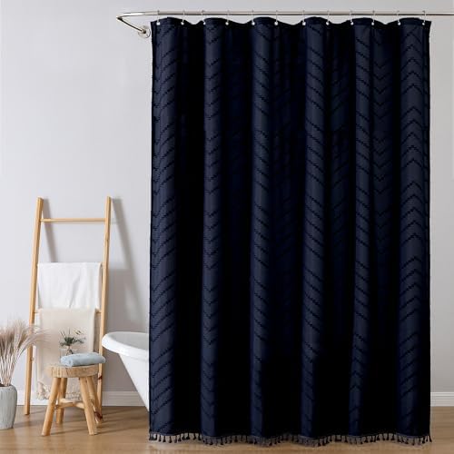 OWENIE Extra Long Navy Blue Boho Shower Curtain, Chic Tufted Chevron Striped Textured Cloth Fabric Shower Curtains with Tassel for Bathroom, Soft Hotel Style Farmhouse, Machine Washable, 72x96