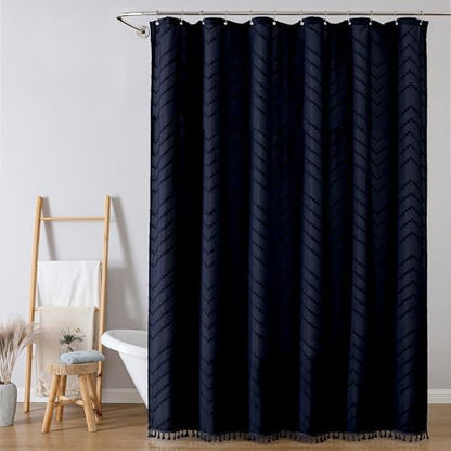 OWENIE Extra Long Navy Blue Boho Shower Curtain, Chic Tufted Chevron Striped Textured Cloth Fabric Shower Curtains with Tassel for Bathroom, Soft Hotel Style Farmhouse, Machine Washable, 72x96