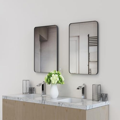 VocalStar Black Metal Framed Bathroom Mirror for Wall, 22 x 30 Inch Rounded Rectangle Matte Black Bathroom Vanity Mirror Farmhouse, 1/4-inch Shatterproof Glass | Ultra-Flush Hanging