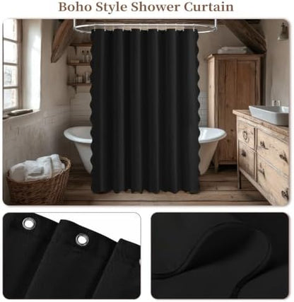 BTTN Black Boho Scalloped Linen Textured Cloth Shower Curtain Set, 72x72