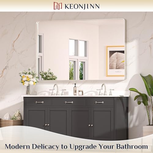 Keonjinn 55 x 36 Inch Brushed Nickel Bathroom Mirror, Tempered Glass