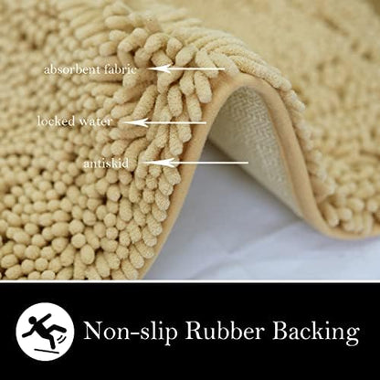 Bathroom Rugs Chenille Bath mat 2 Piece Set, Super Absorbent, PVC Non Slip Backing, Bath mats for Bathroom, Plush Shaggy, Thick, Machine Washable, Bathtub, Shower, Toilet.(Beige)