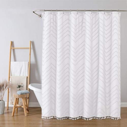 OWENIE White Fabric Shower Curtain, Boho Shower Curtains for Bathroom Chic Tufted Chevron Striped Textured with Tassel, Soft Hotel Style Farmhouse, Machine Washable, 72x78, White