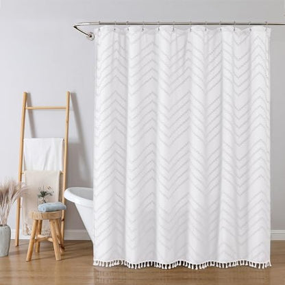 OWENIE White Fabric Shower Curtain, Boho Shower Curtains for Bathroom Chic Tufted Chevron Striped Textured with Tassel, Soft Hotel Style Farmhouse, Machine Washable, 72x78, White