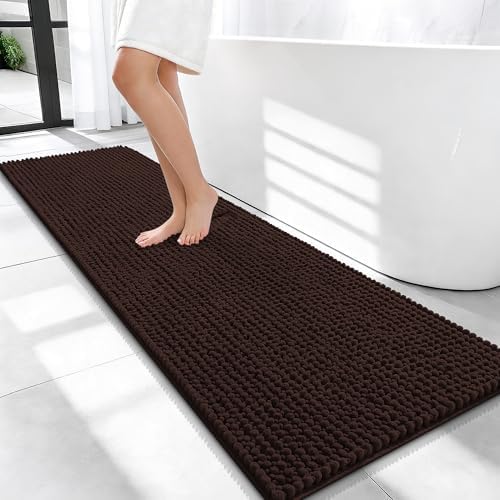 OLANLY Thick Chenille Bathroom Runner Rugs 59x20, Absorbent Bath Mat, Brown