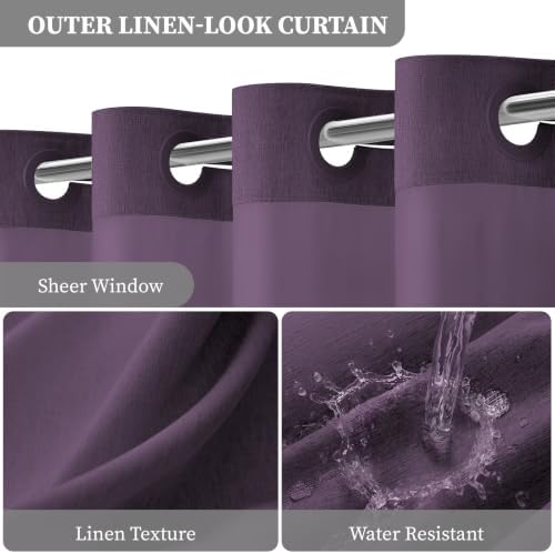 BTTN Purple Ringless Linen Textured Shower Curtain with Snap in Liner 72x75