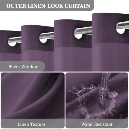 BTTN Purple Ringless Linen Textured Shower Curtain with Snap in Liner 72x75