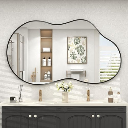 48x27 Black Irregular Mirror, Matte Asymmetrical Bathroom Mirror