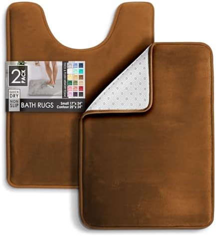 Clara Clark 2 Piece Bathroom Rugs, Velvet Memory Foam Bath Mat Set, Non-Slip Bath Rugs, Machine Wash, Dries Quickly, Ultra Soft Plush Bath Mats for Bathroom, 17 x 24 + Contour, Brown