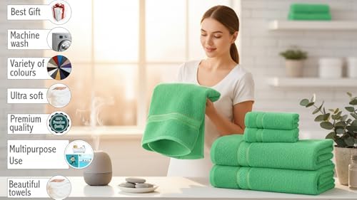 6 Piece 100% Cotton Bath Towel Set - 2 Bath - 2 Hand - 2 Face, Green