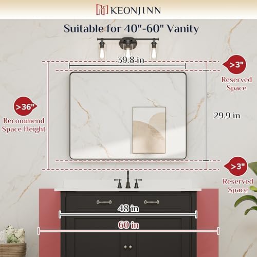 Keonjinn 40 x 30 Inch Black Bathroom Mirrors for Over Sink, Tempered Glass