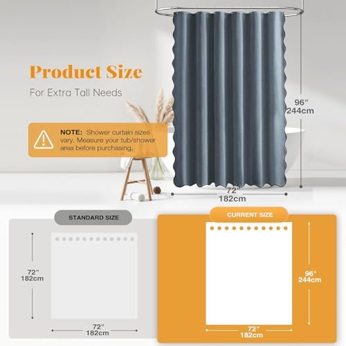 BTTN Extra Long Scalloped Linen Textured Shower Curtain, 72x96, Blue Grey