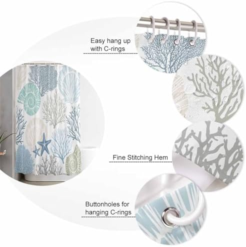 Shower Curtain Bathroom Set Blue Ocean Shells Coral Waterproof Shower Curtains with Grommets Hooks Conch Starfish Marine Life Privacy Bath Curtain for Bathtub Decor 72x72in
