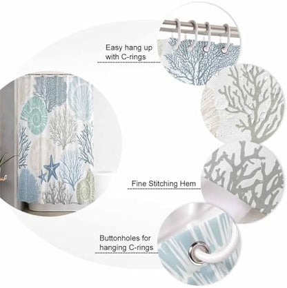 Shower Curtain Bathroom Set Blue Ocean Shells Coral Waterproof Shower Curtains with Grommets Hooks Conch Starfish Marine Life Privacy Bath Curtain for Bathtub Decor 72x78in