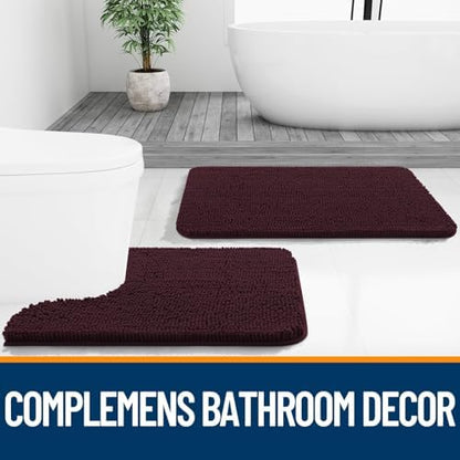 OLANLY Chenille Bathroom Rugs Sets 2 Piece, 30"x20"+24"x20", Black Cherry