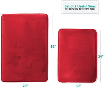 Clara Clark 2 Piece Bathroom Rugs Bath Mat Set, Velvet Memory Foam Bath Mats for Bathroom - Non-Slip, PVC Backing Bath Rugs, Washable - Dries Quickly, Burgundy