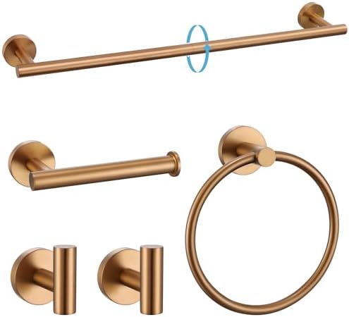 TURS Brushed Rose Gold 5 Piece Bathroom Hardware Set, SUS304 Stainless Steel 23.6 Inch Bath Towel Bar Set, Round Bathroom Accessories Kit Wall Mounted