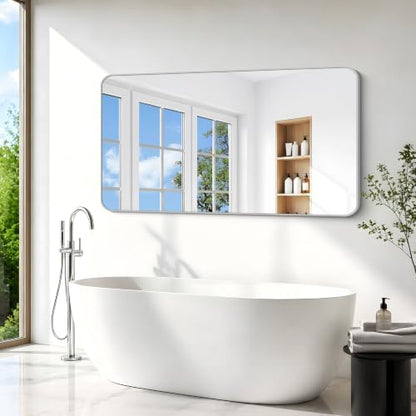 BONEWEI Silver Bathroom Mirror,66x36 inch Wall Mirror for Bathroom Wall Mounted,Rectangle Mirror for Bathroom Over Sink,Modern Frame Round Corner for Living Room,Bedroom Entryway,Horizontal/Vertical