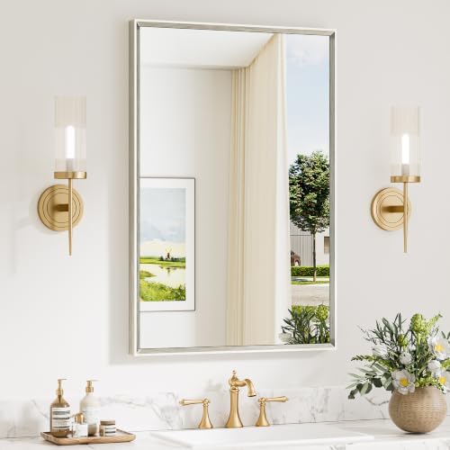 Keonjinn 24 x 36 Inch Brushed Nickel Bathroom Mirrors for Wall, Metal Frame