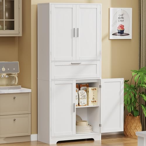 Iwell 67" Tall Storage Cabinet with Adjustable Shelf & 1 Large Drawer, Pantry Cabinet with 4 Doors, Kitchen Cabinets for Dining Room, Living Room, Home Office, White