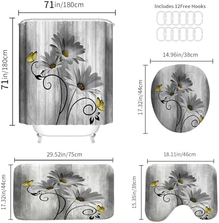 Onalasyc 4PCS Grey Daisy Floral Bathroom Sets with Shower Curtain and Rugs