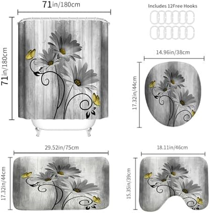 Onalasyc 4PCS Grey Daisy Floral Bathroom Sets with Shower Curtain and Rugs