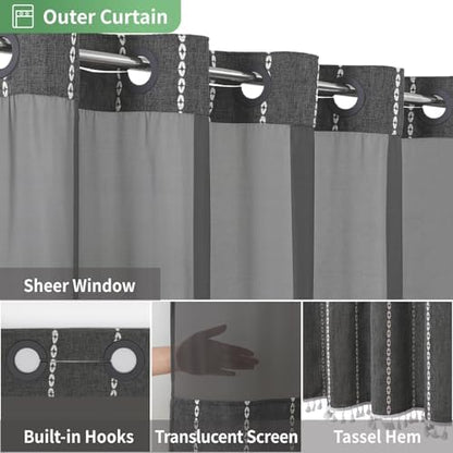 eachope Boho Farmhouse No Hook Shower Curtain with Liner,71x74,CharcoalGrey