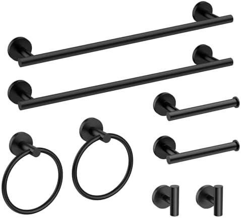 USHOWER 8PCS Matte Black Bathroom Hardware Set, 18-Inch Towel Bar Set