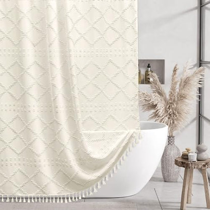 Siiluminisoy Extra Long Cream Boho Shower Curtain, 72 x 78 Tufted Chevron Textured Striped Modern Farmhouse Minimalist Woven Fabric for Bathroom
